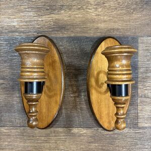 Vintage Wooden Wall Sconce Candle Holders Pair Colonial Early American Oval Base